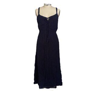URBAN OUTFITTERS Navy Cotton gauze Smocked Tassel Peasant Sun Dress *SMALL*